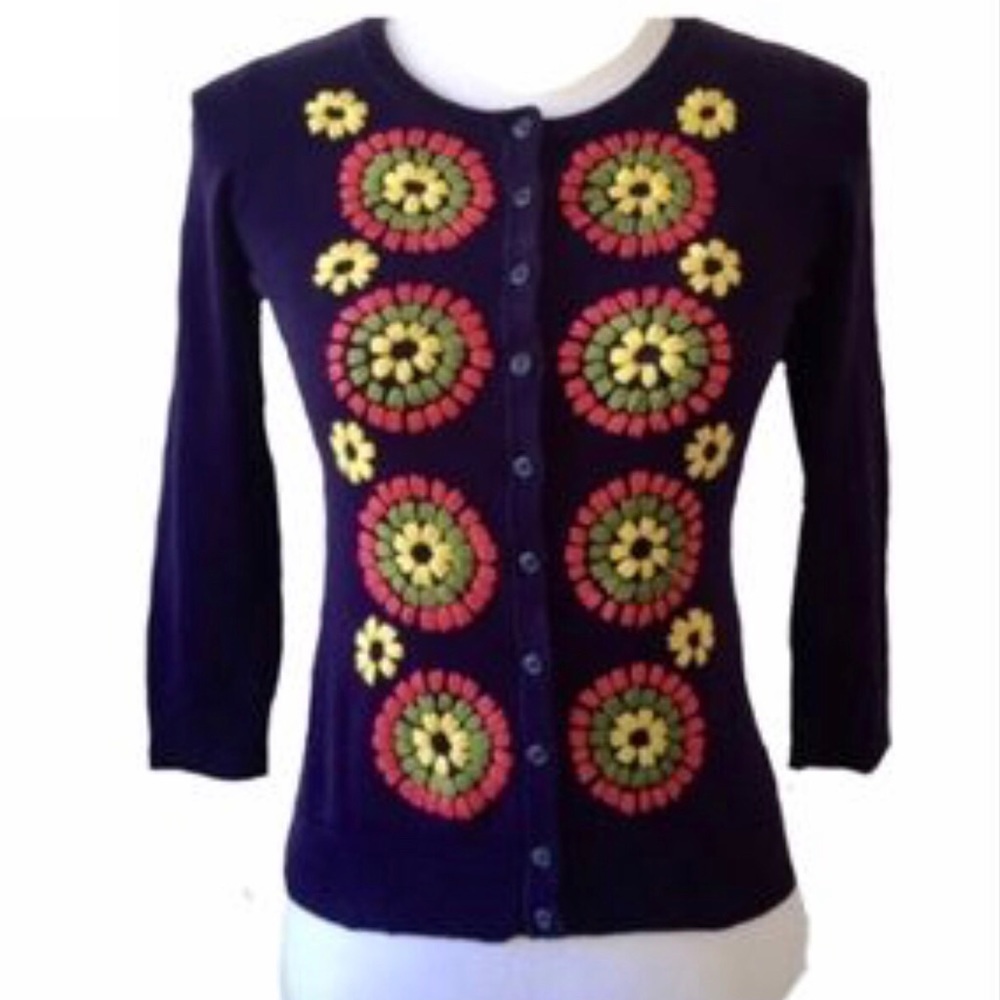 Anthropologie Navy Cardigan with Floral Embroidery